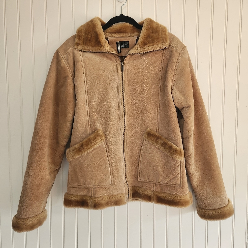 CHILL ZONE Vintage 100% Leather Penny Lane Faux Fur Lined Coat size Large